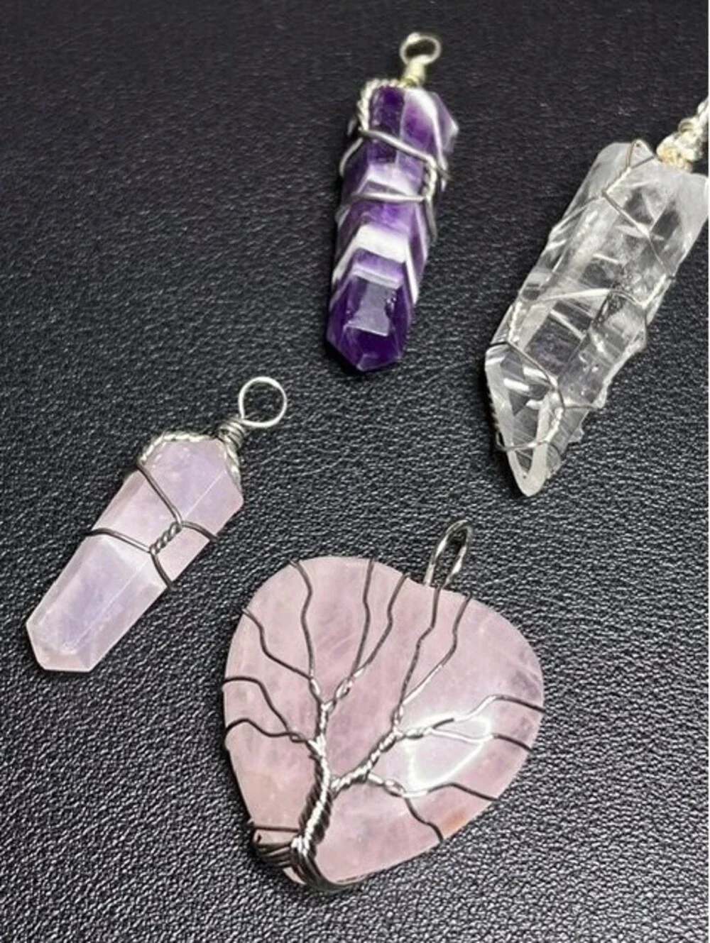 B6611 4pc Amethyst Rose Quartz Heart Tree of Life Pendant Wire Wrapped